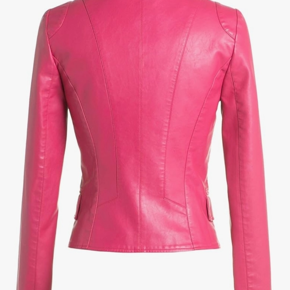 Chouyatou Women's Vibrant Pink Leather Jacket - Picture 5 of 6